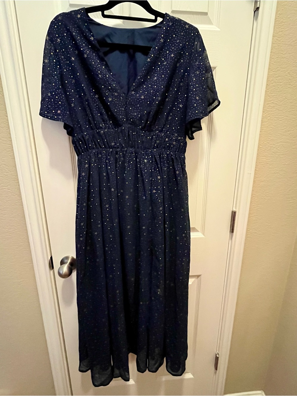 EYWOL Navy Blue Gold Star Celestial Midi Dress Size L NWT